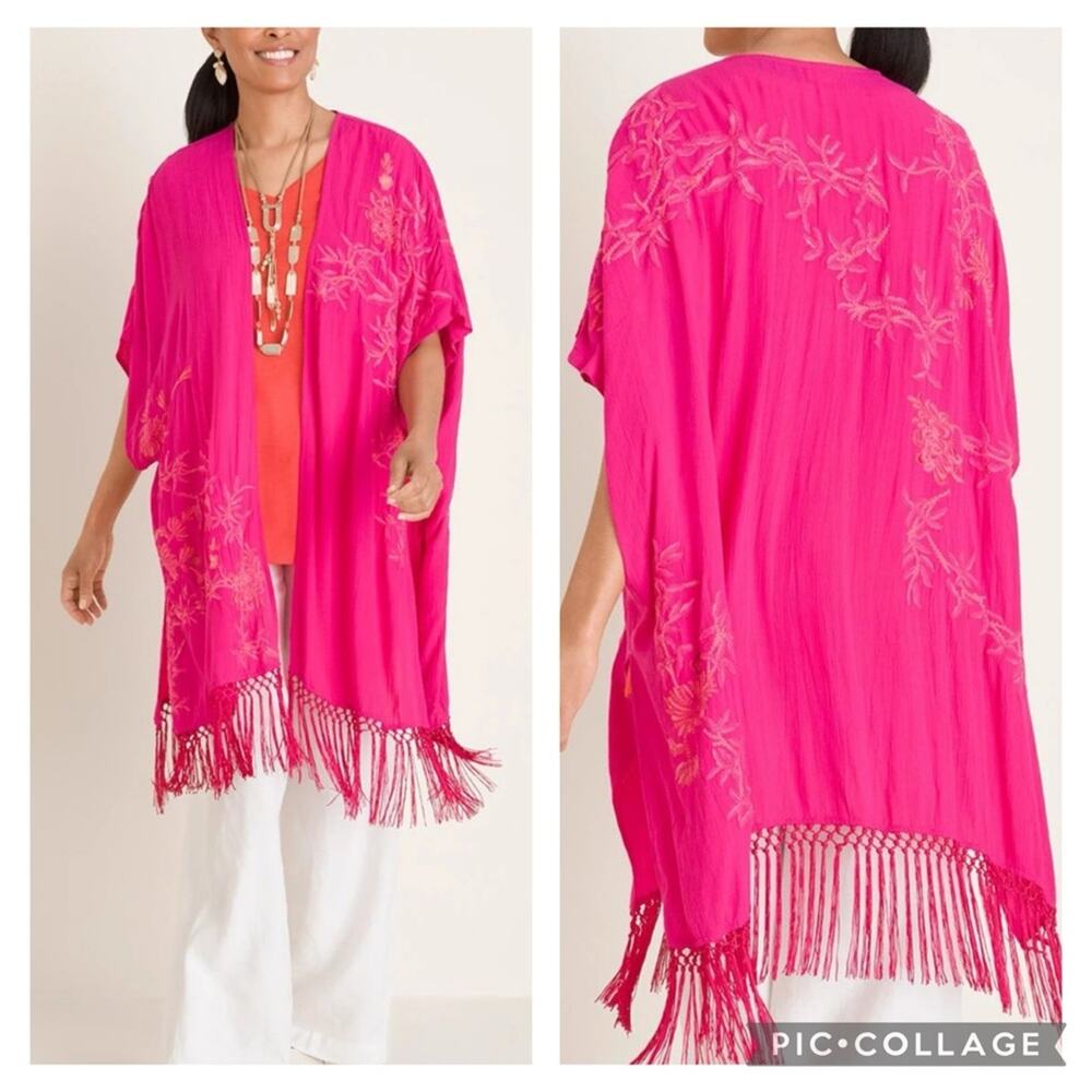 Chico's Fuchsia Floral Fringe Wrap - Picture 2 of 16